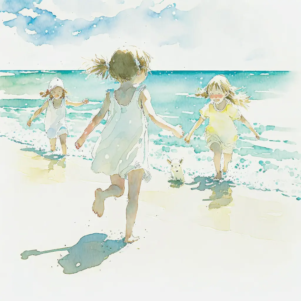 light watercolor, children playing at the beach, bright, white background, few details, dreamy Studio Ghibli
